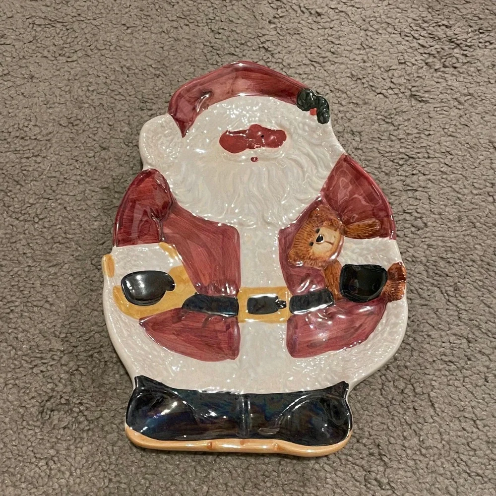 Ceramic Santa Claus Holiday Candy Dish Plate with Teddy Bear‎ Accent